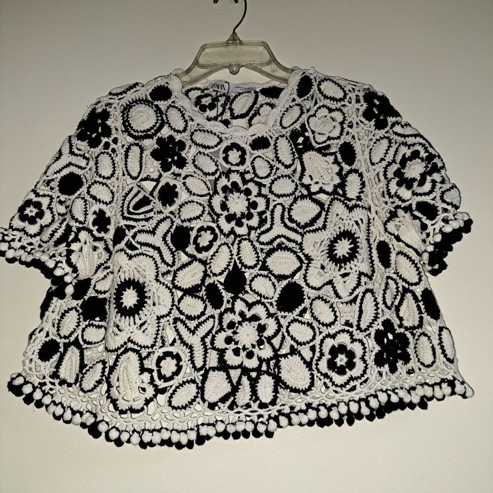 ZARA Black White Floral Crochet Crop Top Tassels Boho Festival Size M - Picture 7 of 8